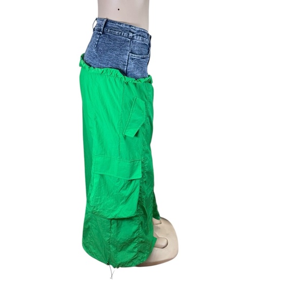 Cherry mellow.  Green Maxi Skirt with Denim Waist - Picture 3 of 6